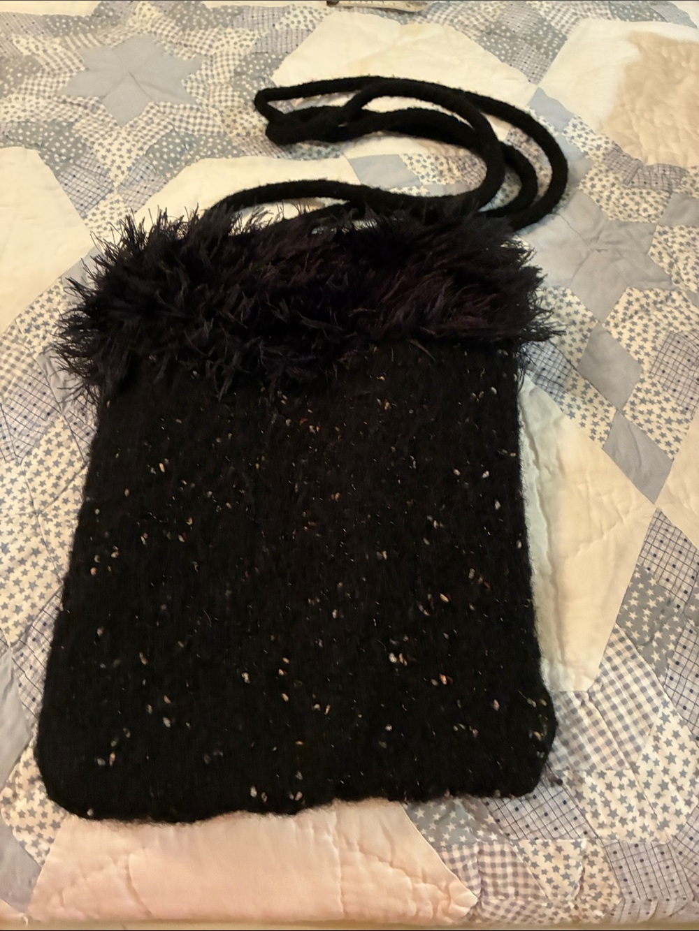 Black Faux Fur Accent Knit Crossbody Bag